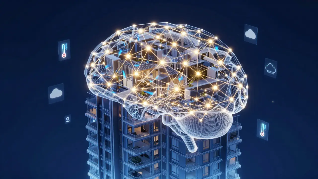 Konceptuální znázornění AI řízení topení v celém bytovém domě.