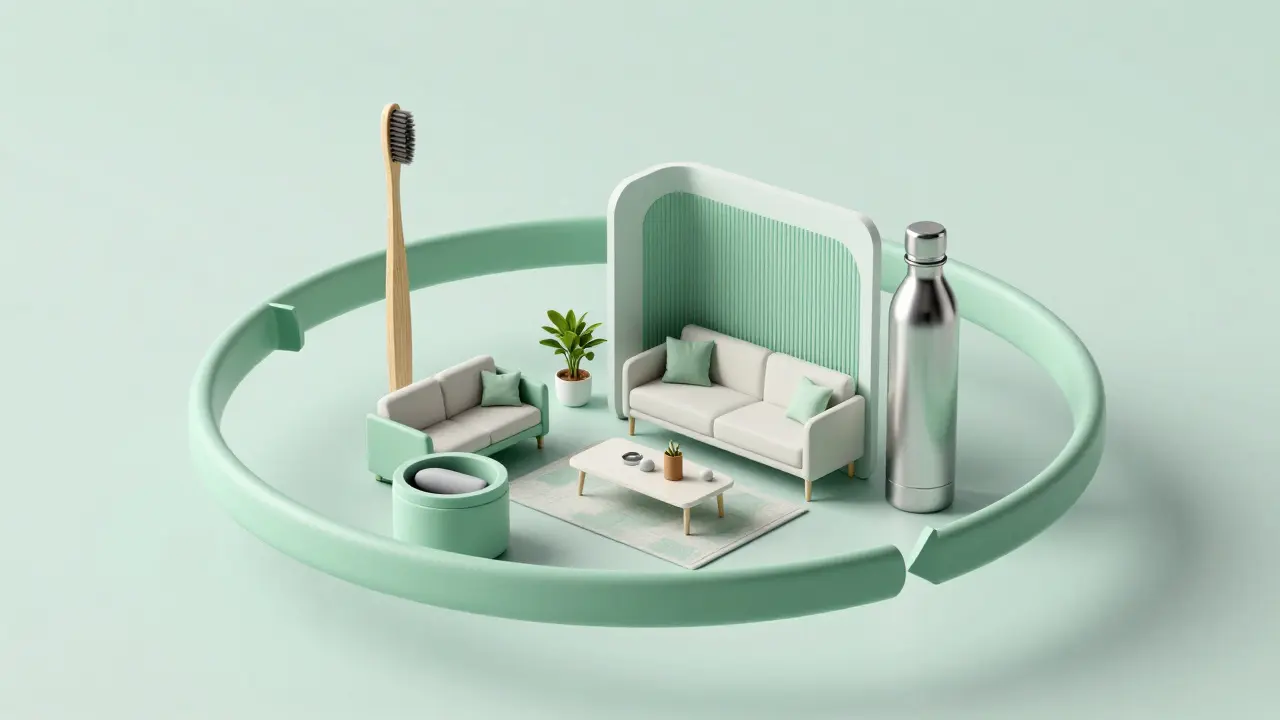 Konceptuální znázornění cirkulární ekonomiky v moderní domácnosti.