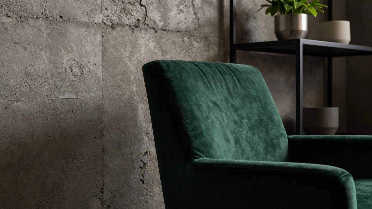 Kontrast smaragdově zeleného sametového křesla a hrubé betonové stěny.