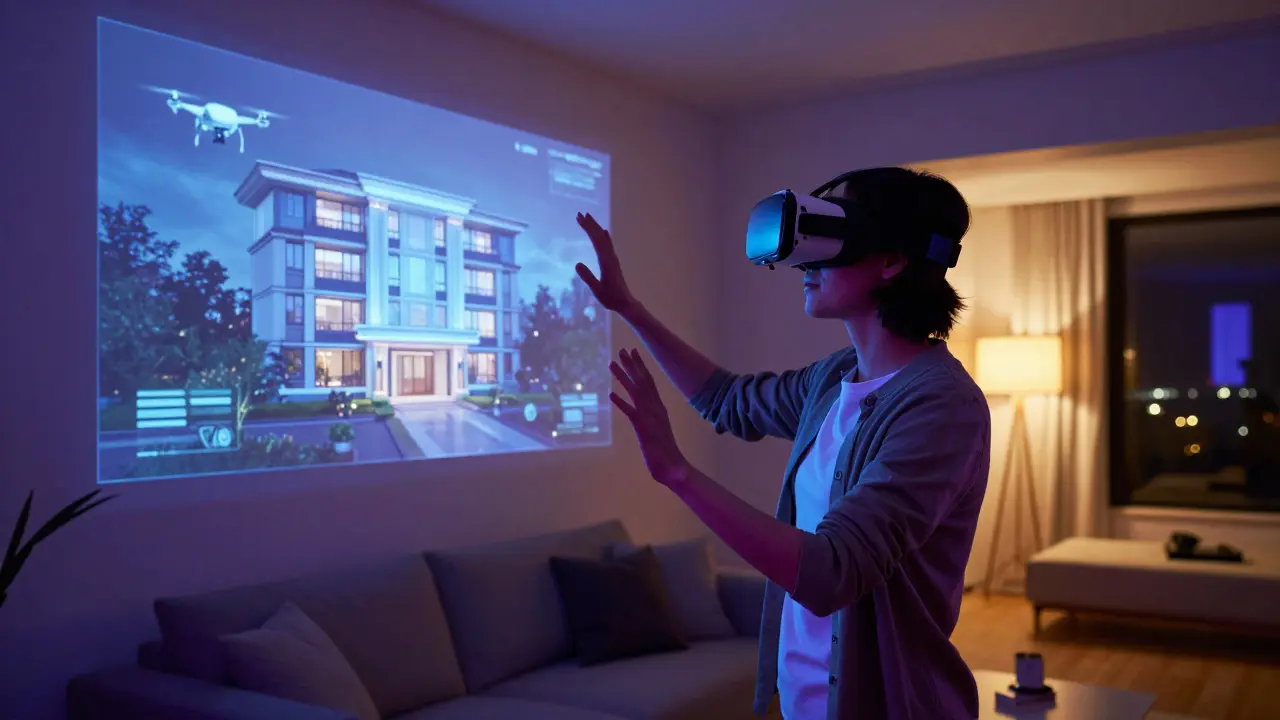 Kupující používá VR brýle k virtuální prohlídce luxusní nemovitosti.