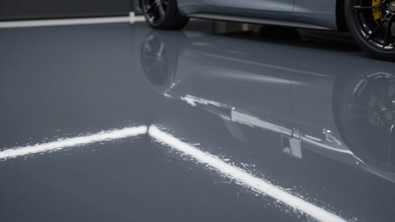 Lesklá charcoal šedá epoxidová podlaha v luxusní garáži.