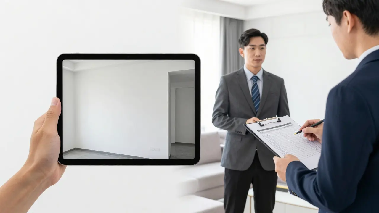 Majitel a nájemce kontrolují stav bytu s pomocí předávacího protokolu.