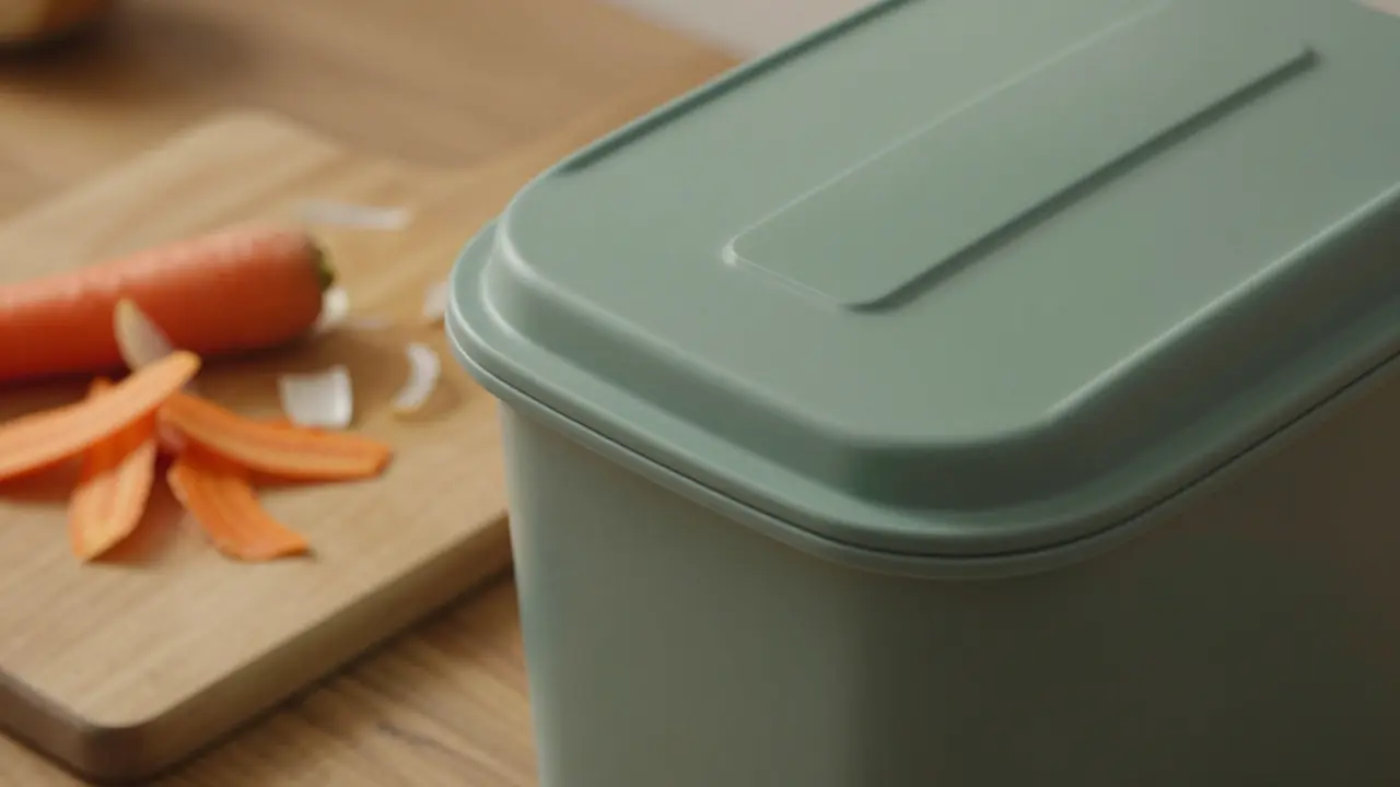 Malý stylový bioodpadkový koš na pracovní desce vedle zeleninové kůry.