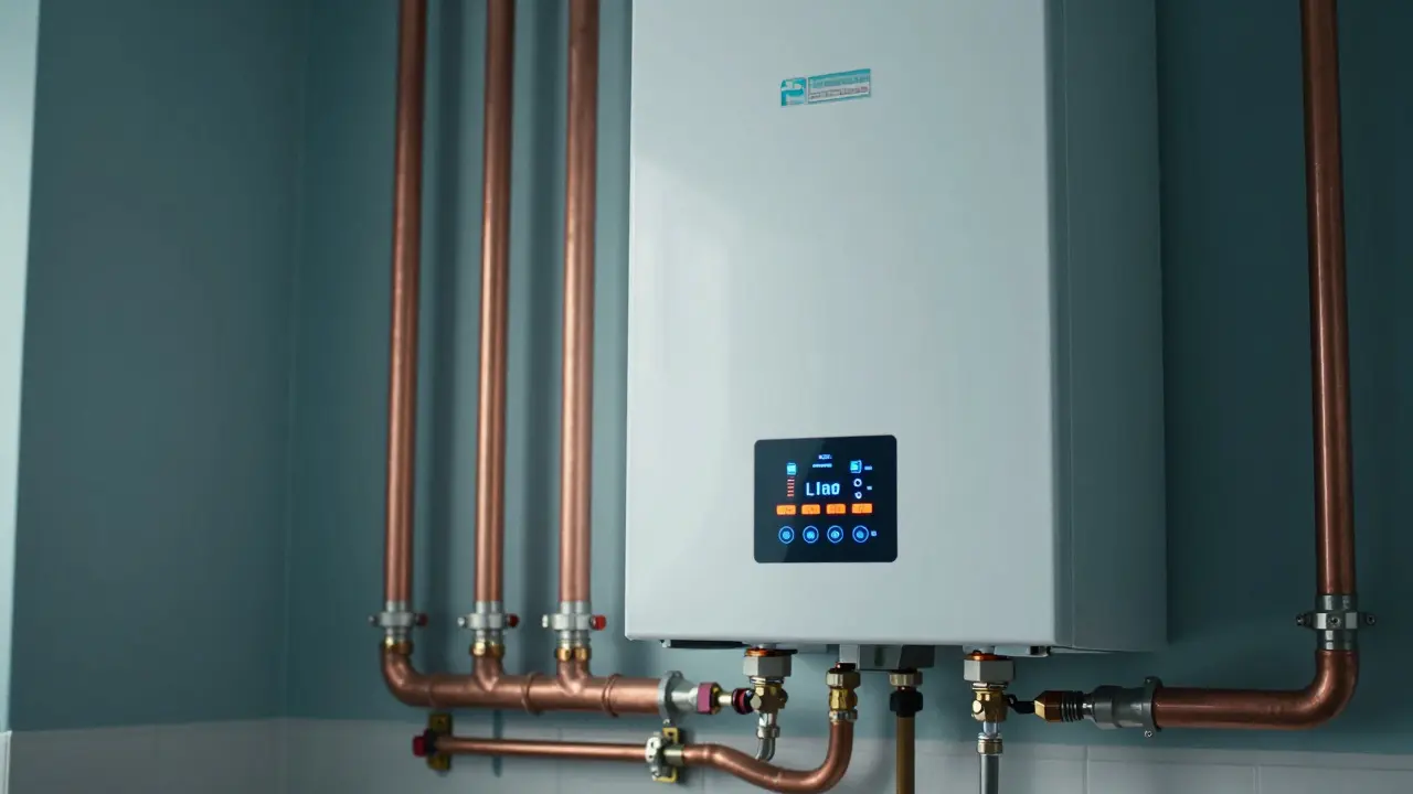 Moderní kondenzační kotel v čisté kotelně s izolovaným potrubím.