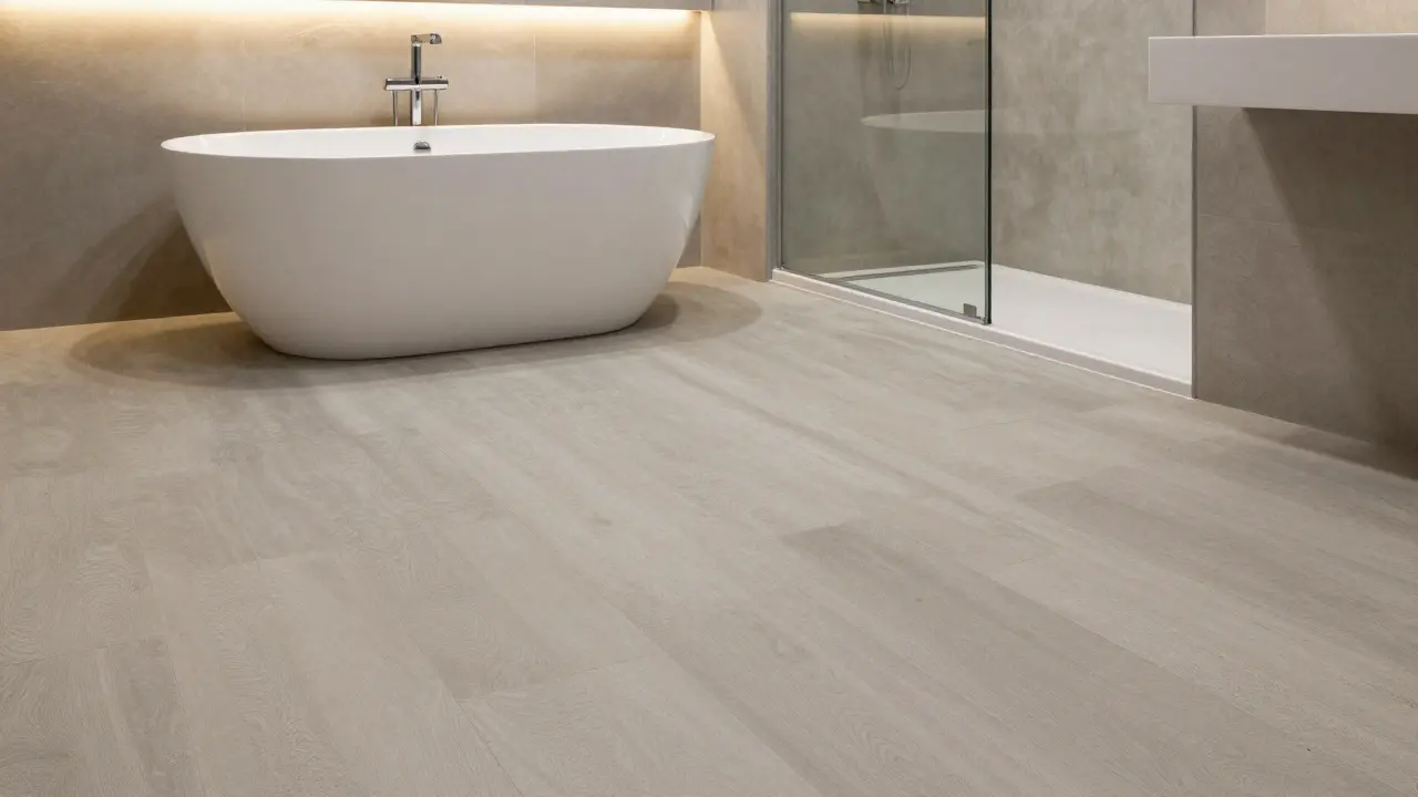 Moderní koupelna s vinylovou podlahou v betonovém stylu a minimalistickým vybavením.