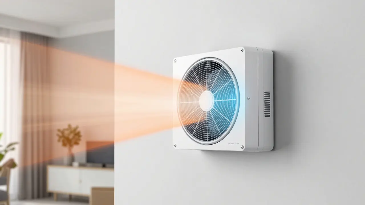 Moderní rekuperační jednotka v interiéru s vizualizací proudění vzduchu.