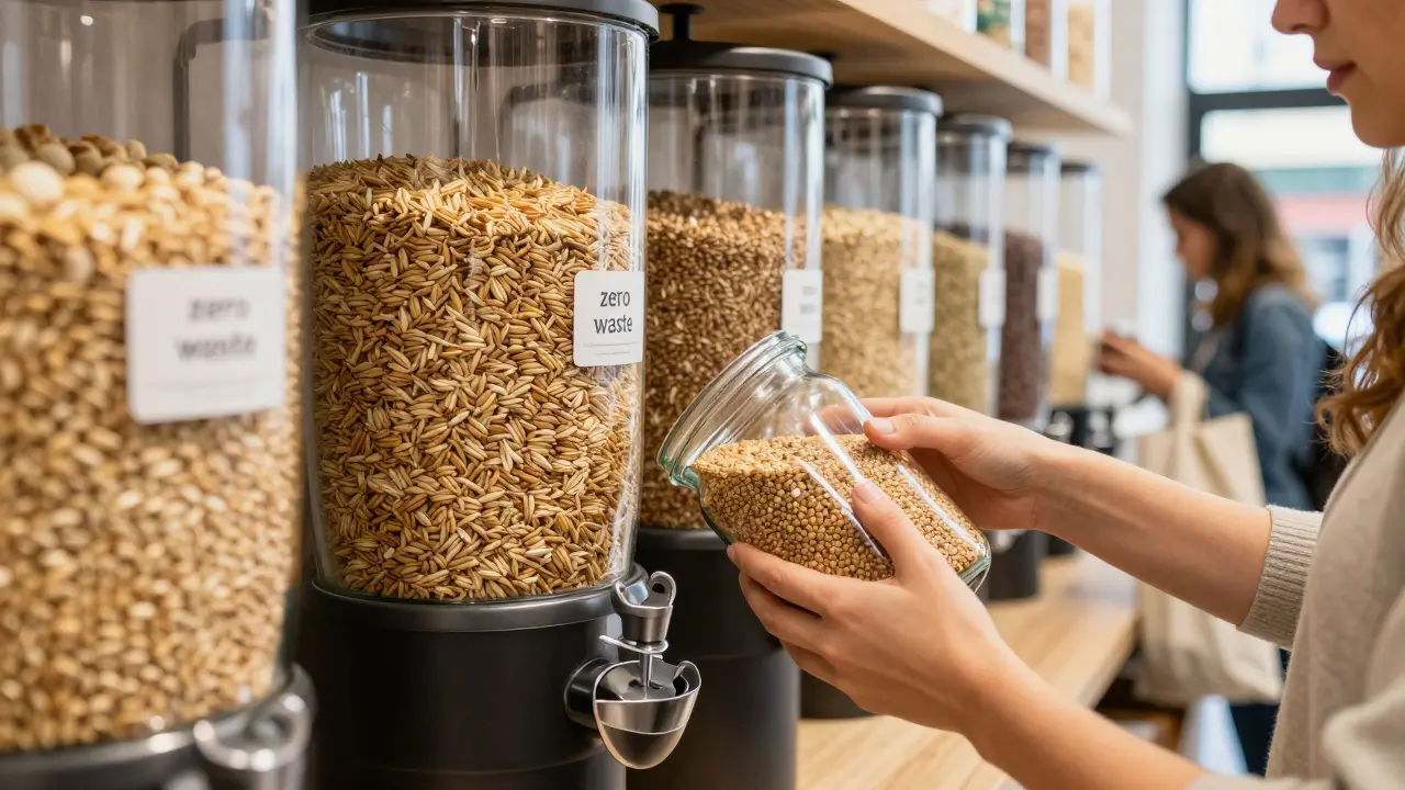 Plnění sklenice sypkou potravinou v bezobalovém obchodě.