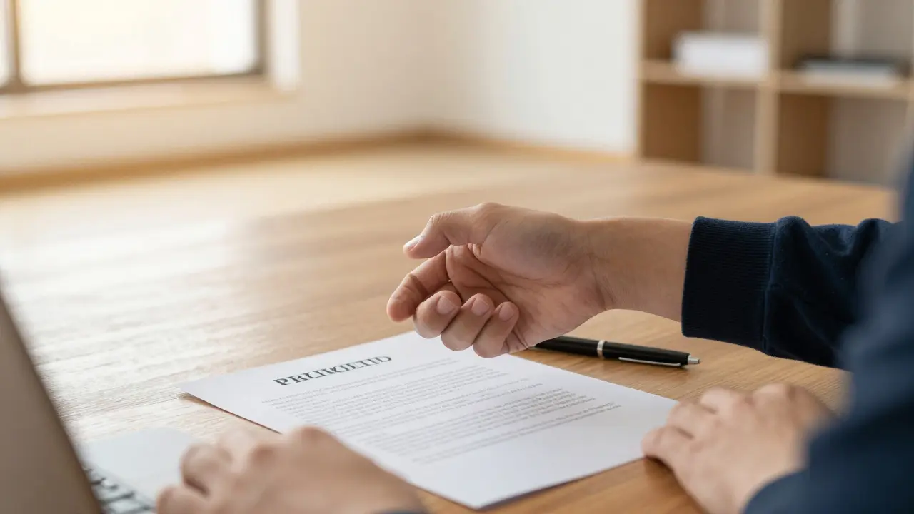 Podání rukou nad podepsanou dohodou o ukončení nájmu v prázdném bytě.