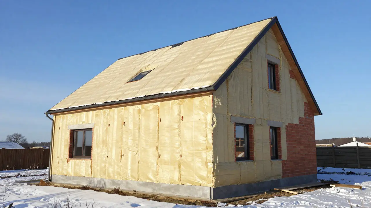 Rekonstrukce domu s instalací tepelné izolace na vnější stěny v zimní krajině.