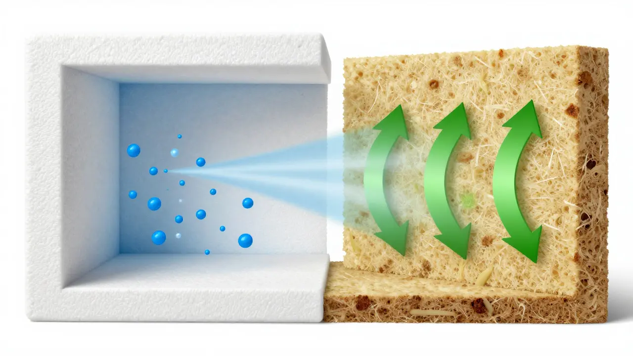 Schématické srovnání difúzního odporu polystyrenu a minerální vaty.