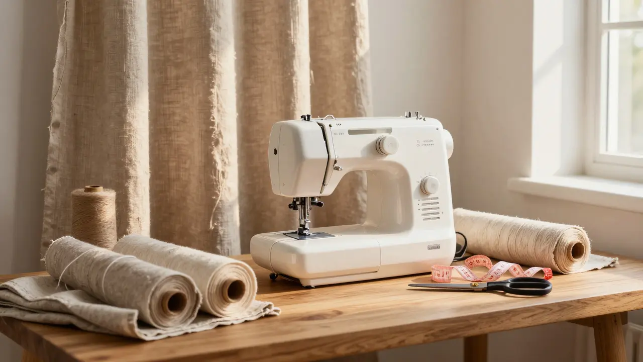 Šicí kout s látkami a šicím strojem pro domácí výrobu závěsů.