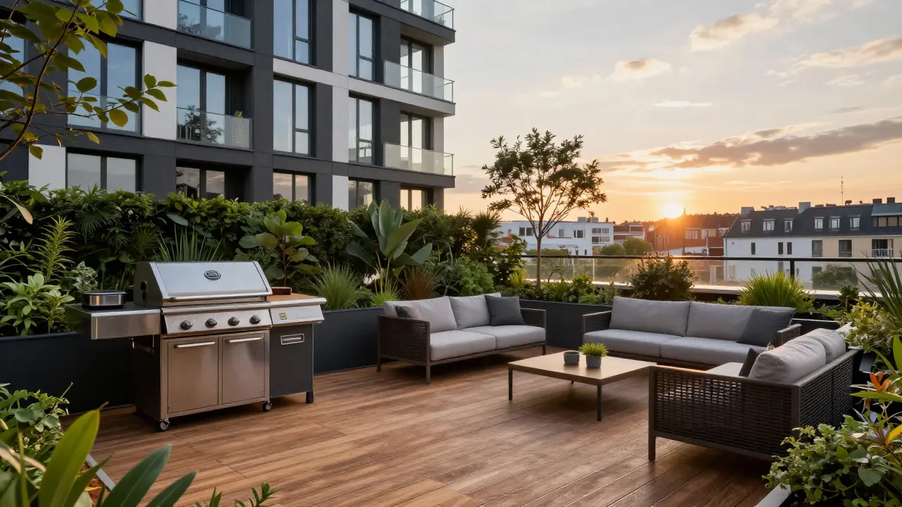 Společná střešní terasa s grilovací zónou a výhledem na město.