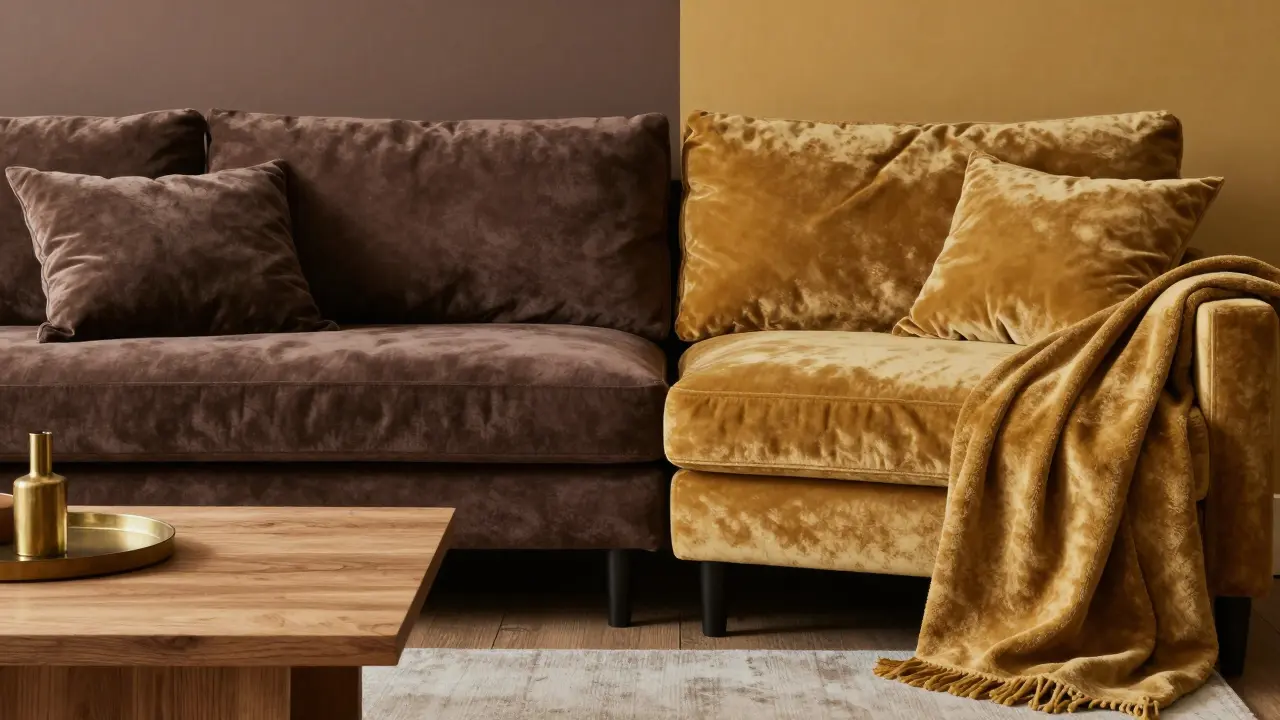 Srovnání barev Mocha Mousse a Velvet Gold v interiéru s dřevěnými detaily.