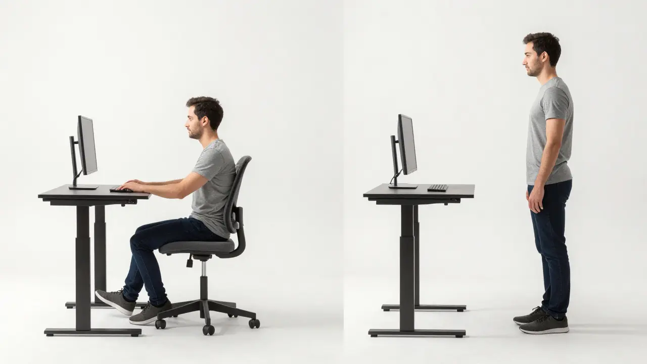 Srovnání sedící a stojící pracovní pozice u elektrického polohovacího stolu.