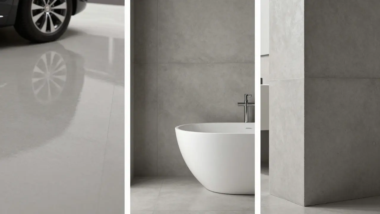 Srovnání tří typů betonových povrchů: glossy epoxid, matný designový nátěr a akrylátová barva.