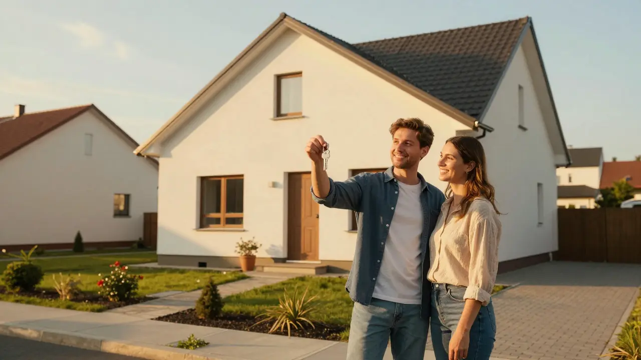 Šťastný pár před svým novým domovem s klíči v ruce