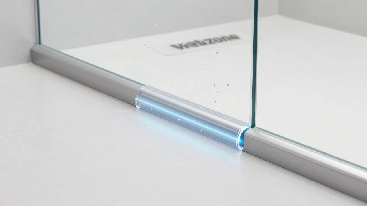 Technický detail PVC těsnění u sprchového koutu zabraňující pronikání vody pod vinyl.