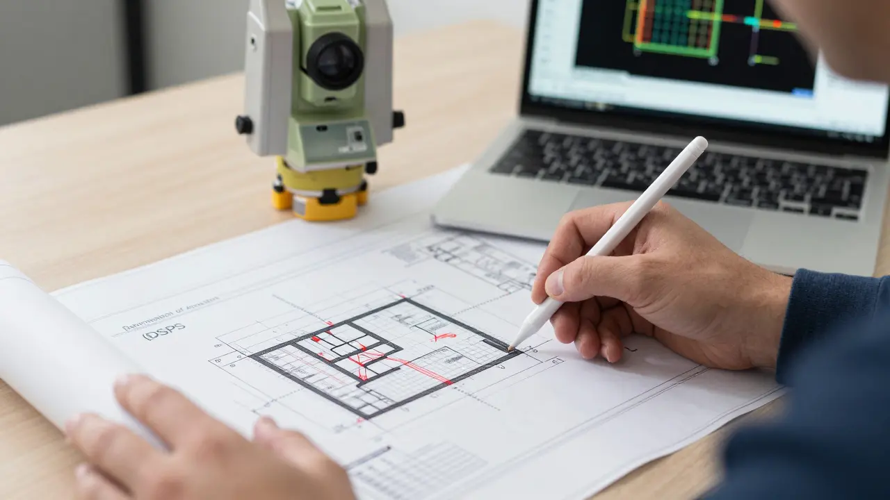 Architekt kontroluje detaily technické dokumentace stavby