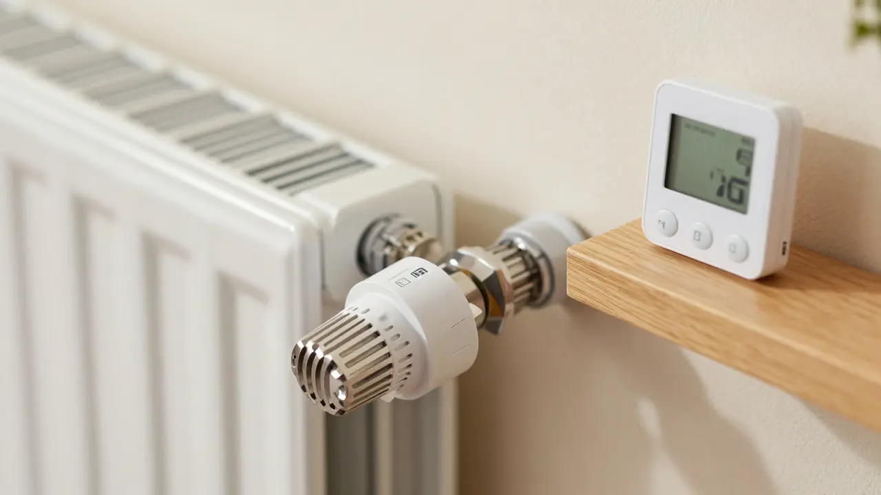 Bezdrátová termostatická hlavice a senzor teploty na radiátoru v domácnosti