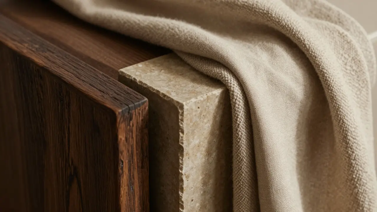 Detail různých textur: dřevo, vlna a kámen v teplém světle
