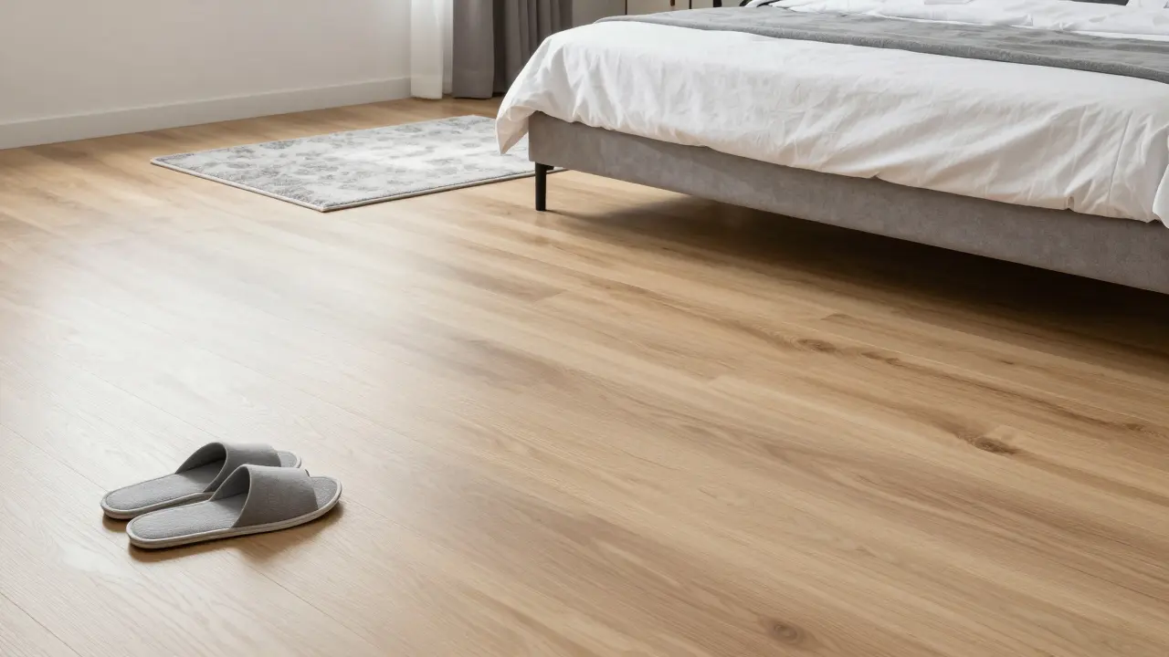 Moderní ložnice s vinylovou podlahou imitující dřevo