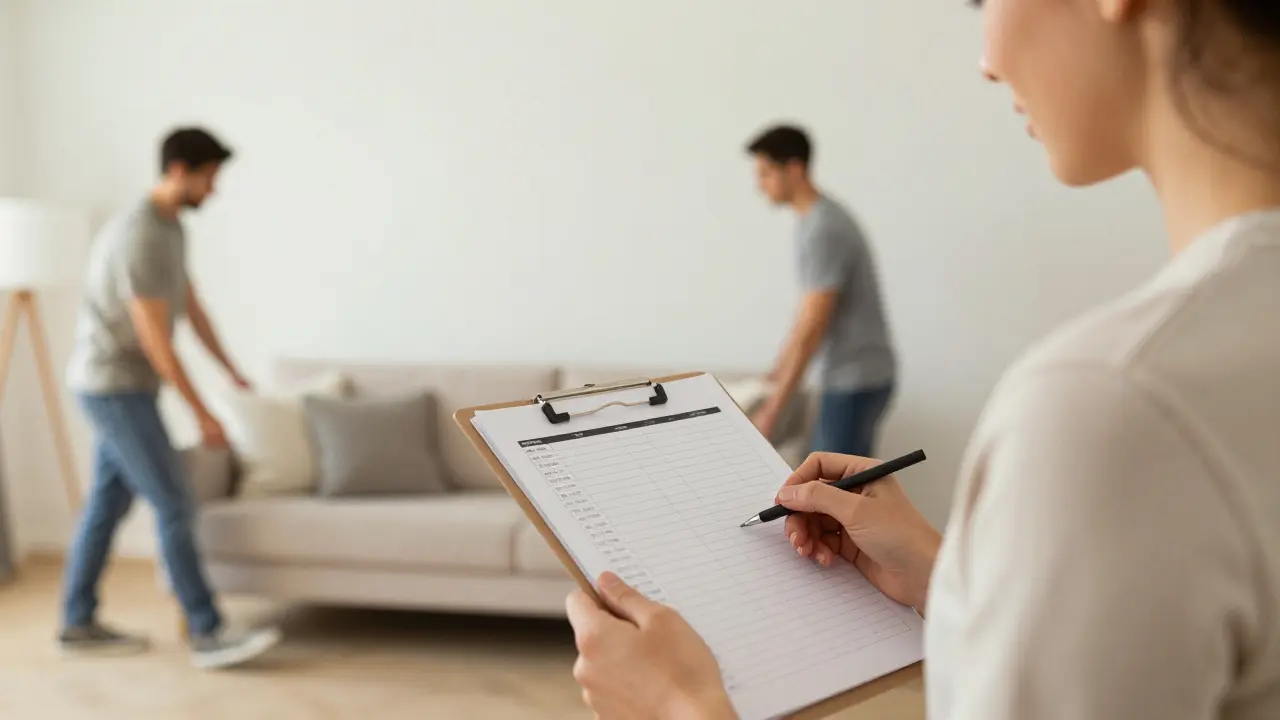 Profesionální home stager kontroluje seznam při úpravě světlého bytu pro prodej.