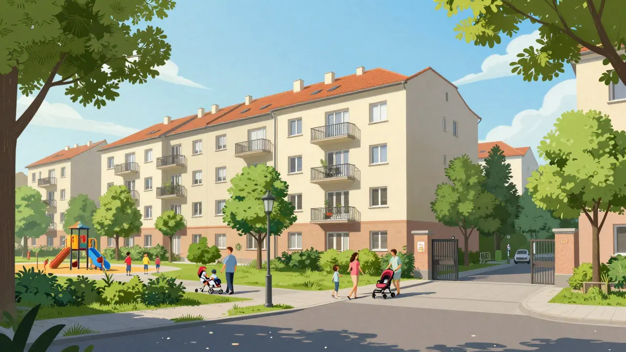 Rodinná čtvrť s hřištěm, školou a zelení v klidné části Prahy pro rodiny