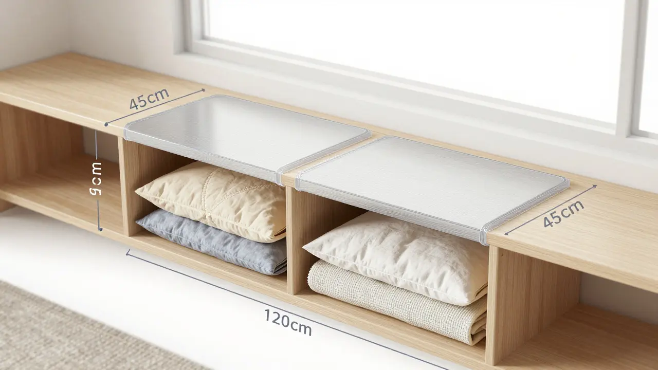Schéma rozměrů úložné lavice s výškou sedu 45 cm a hloubkou 45 cm