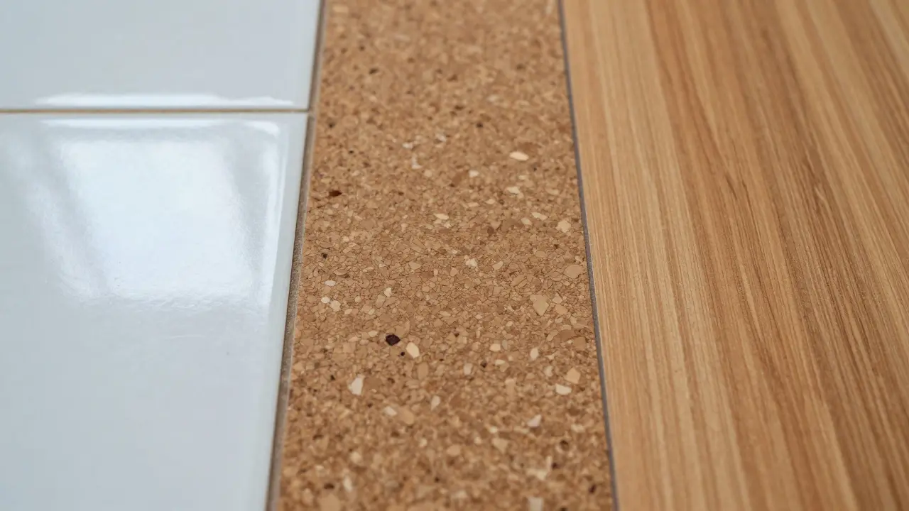 Detailní srovnání textur dlažby, korku a vinylové podlahy