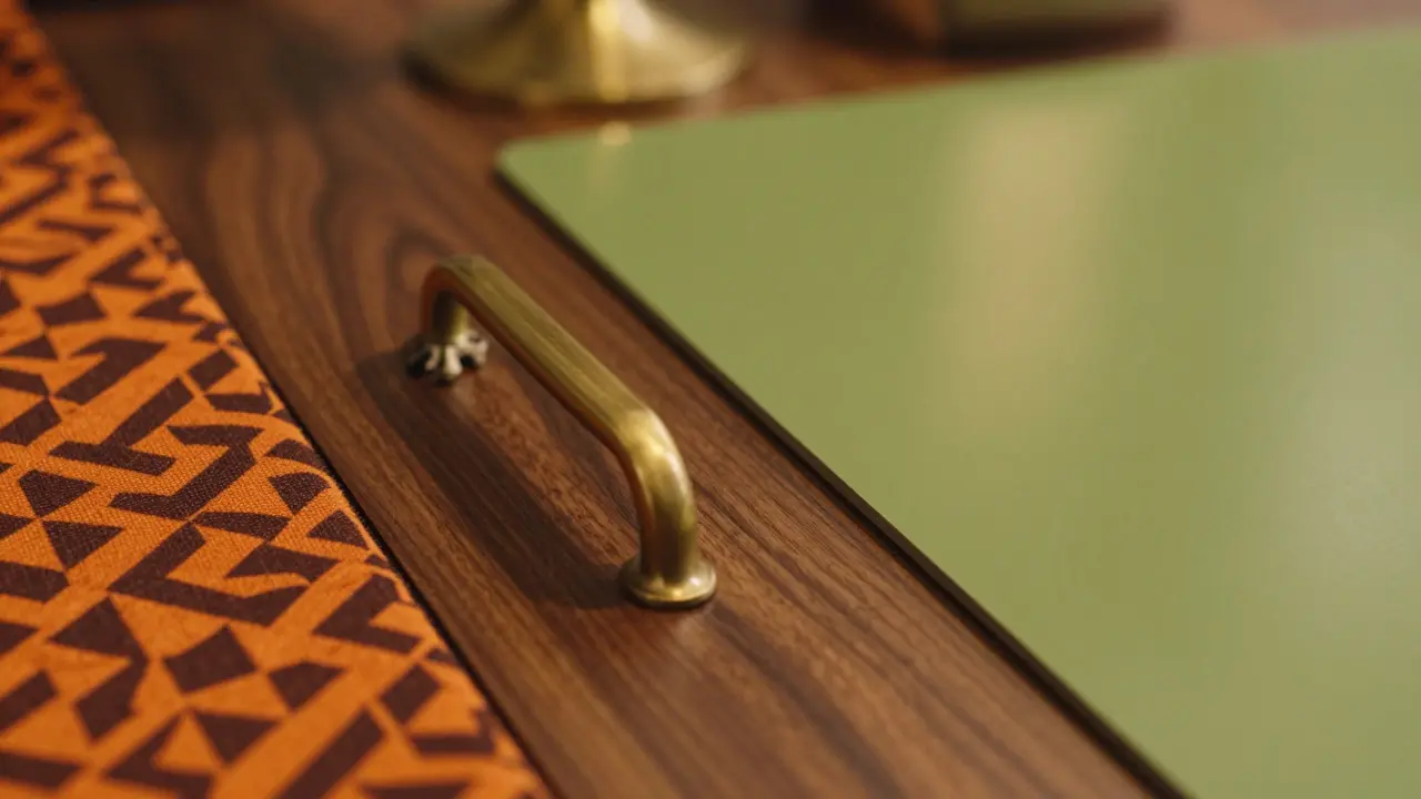 Detailní záběr na retro materiály: dřevo, mosaz a geometrické vzory