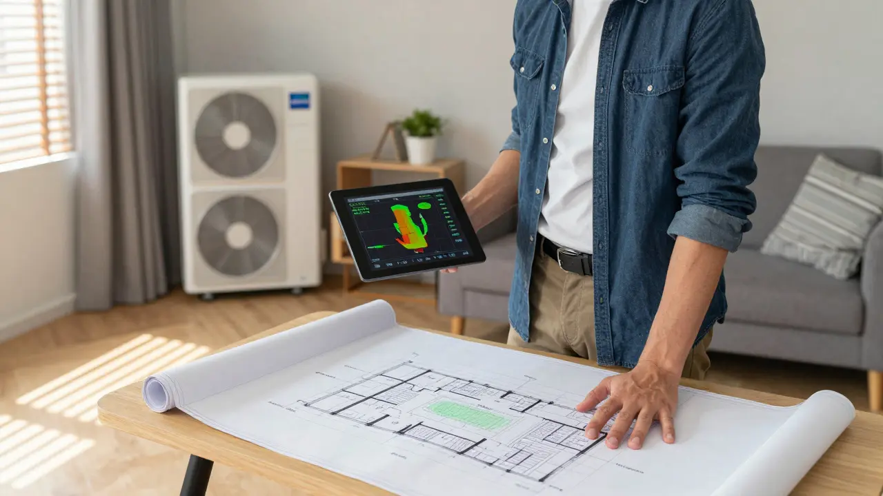 Energetický specialista konzultuje plány rekonstrukce u stolu