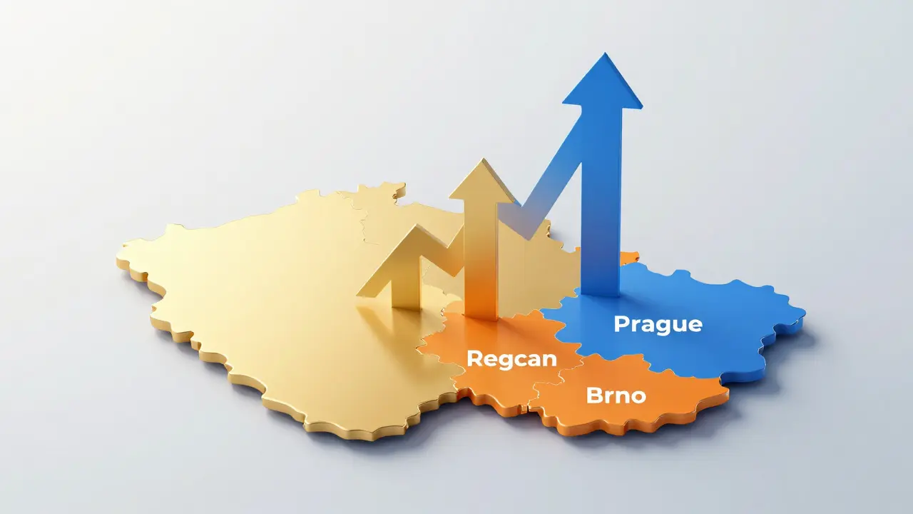 Konceptuální mapa ČR s barevnými zónami růstu cen nemovitostí