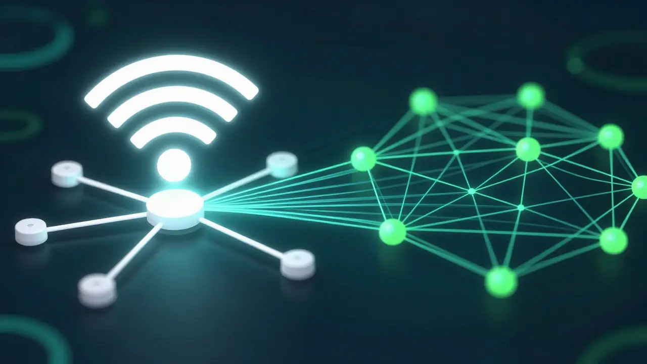 Konceptuální srovnání hvězdové Wi-Fi sítě a mesh sítě Thread