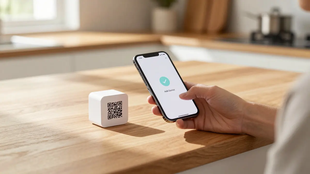 Ruka skenuje QR kód pro snadné přidání chytrého zařízení do aplikace