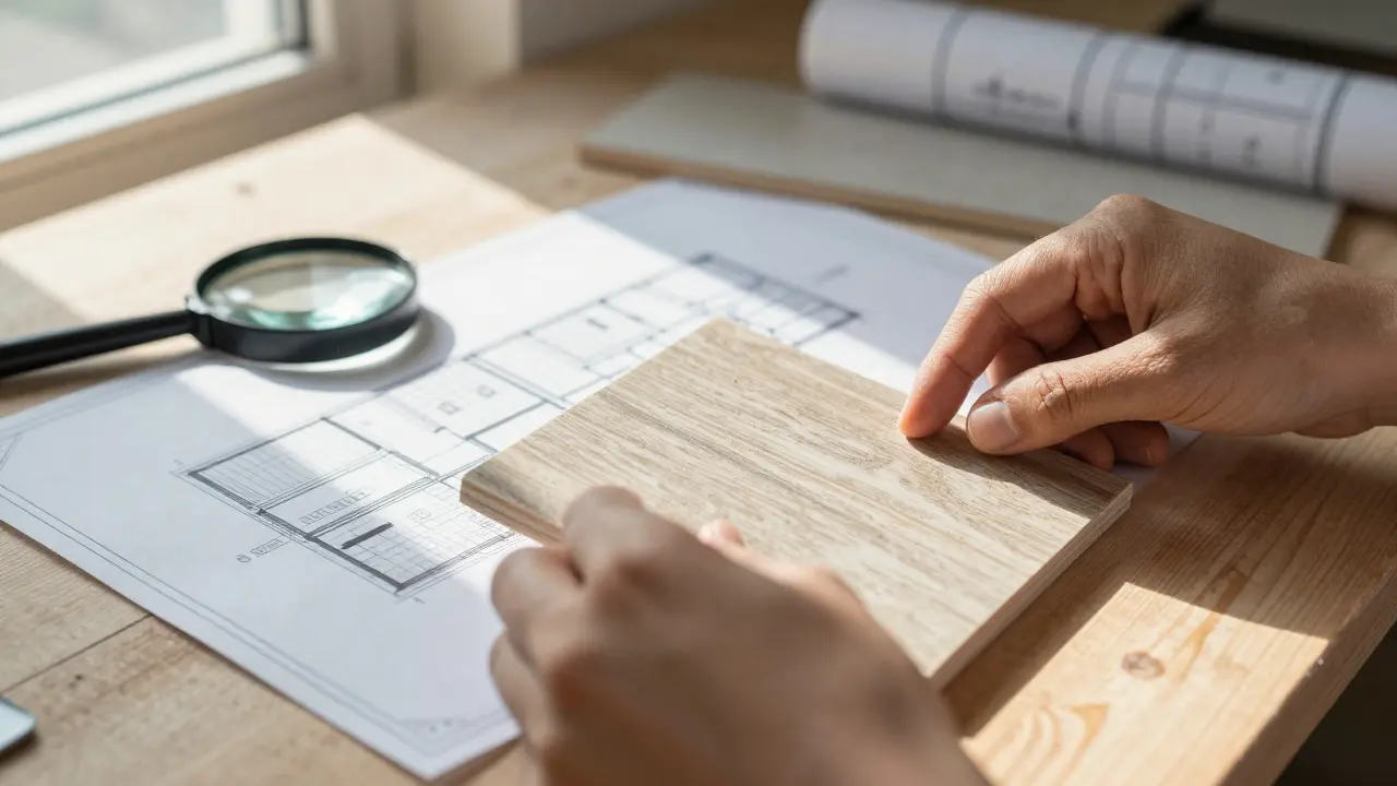 Srovnávání architektonického plánu s fyzickým vzorkem materiálu