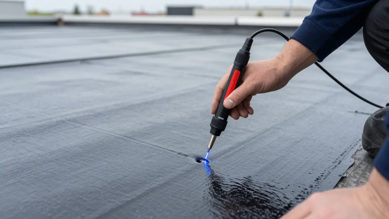 Technik provádí jiskrovou zkoušku na ploché střechě a detekuje defekt hydroizolace.