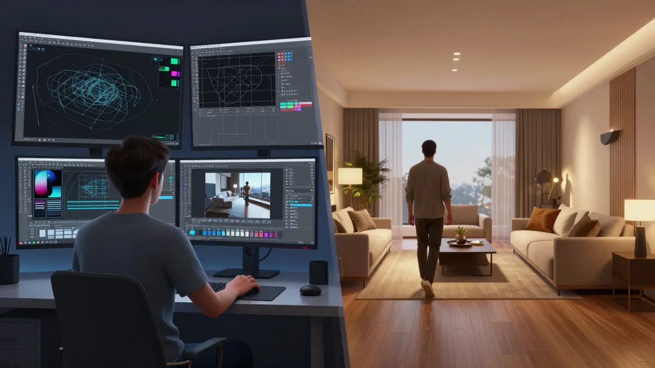 Designér tvoří 3D model, klient se prochází virtuálním prostorem