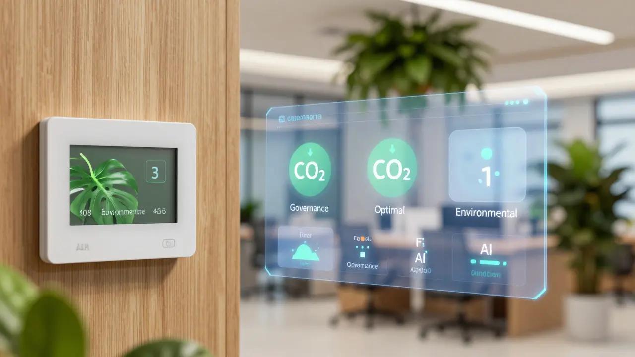 Detail chytrého systému pro monitorování kvality vzduchu a spotřeby energie v moderním kancelářském prostoru.