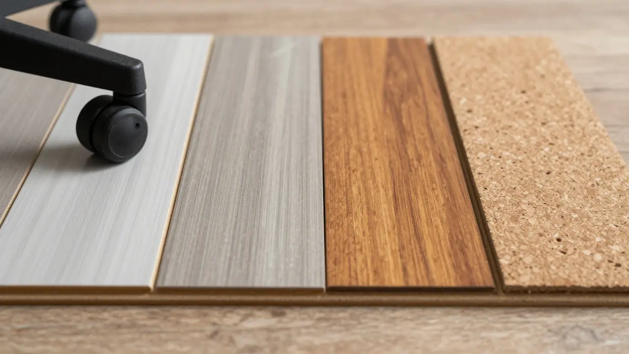Detailní porovnání textur vinylové, laminátové, dřevěné a korkové podlahy