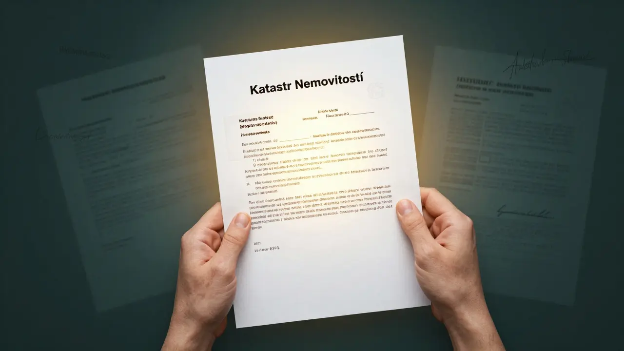 Dokument katastru osvětlený světlem pravdy mezi stíny podvodů