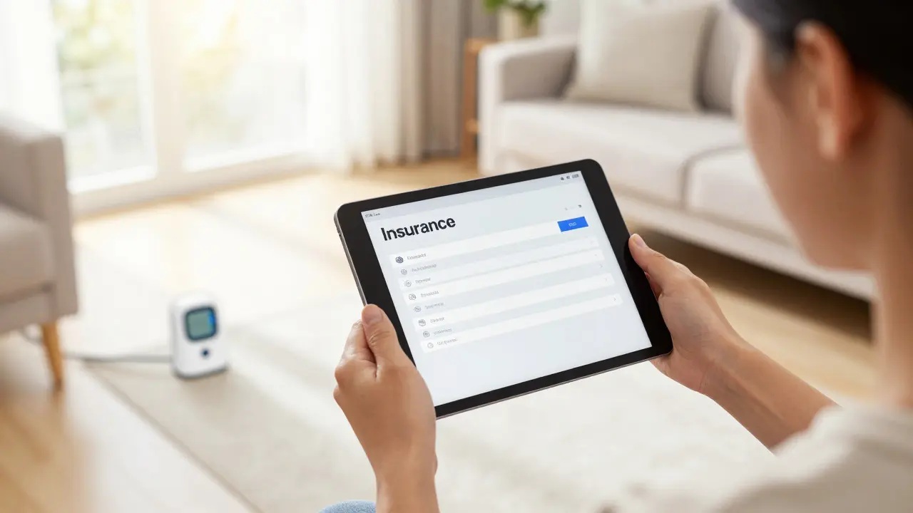 Domácí majitel používá tablet pro sjednání pojištění v osvětleném obýváku