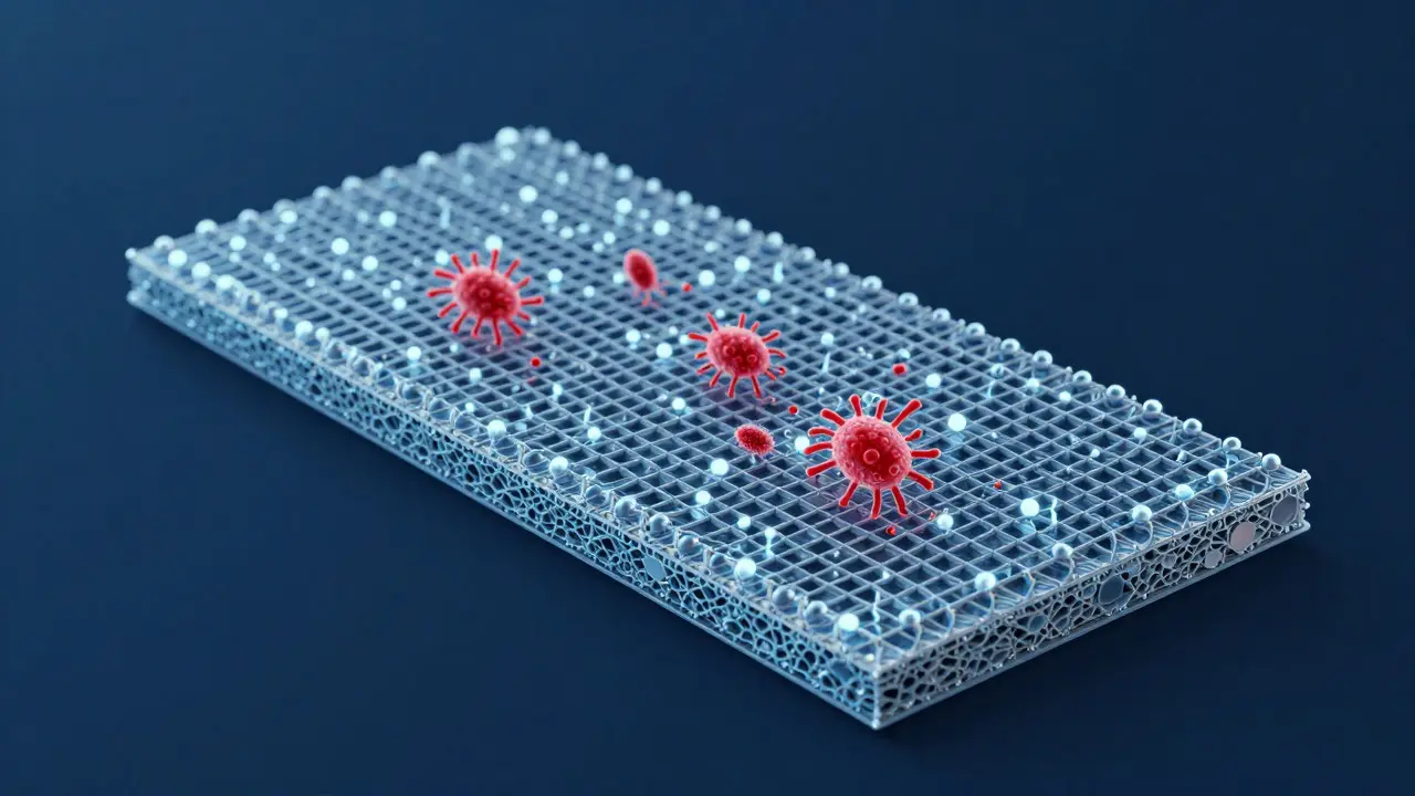 Konceptuální ilustrace stříbrných iontů ničících bakterie v materiálu