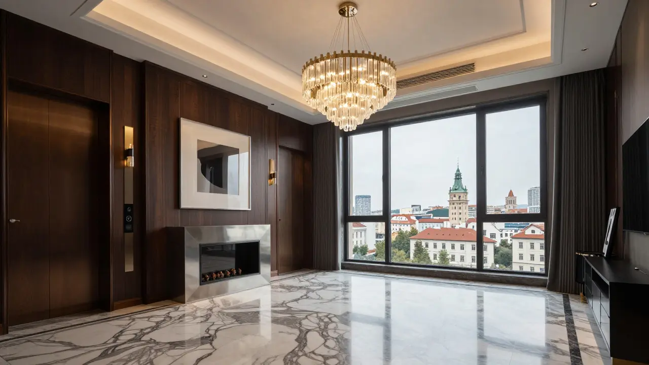 Luxusní interiér s prémiovými materiály, uměním a výhledem na město pro exkluzivní trh