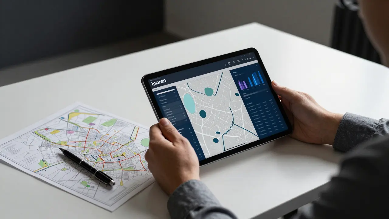 Realitní znalec pracující s daty na tabletu u stolu