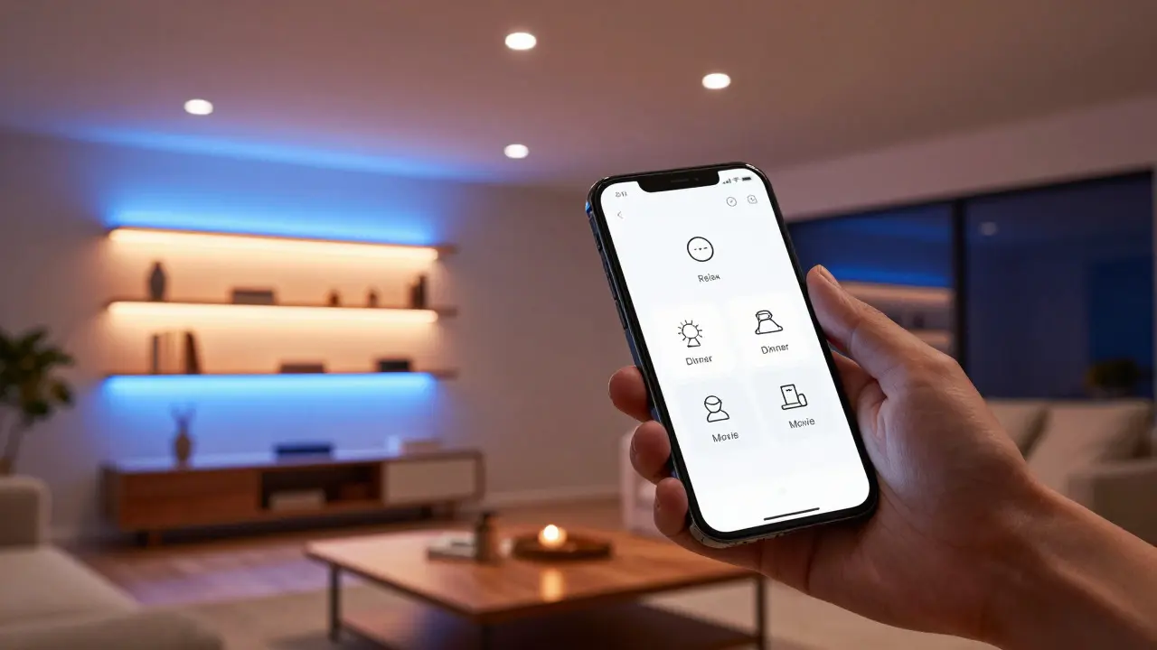 Chytré ovládání osvětlení přes mobilní telefon pro různé scénáře.