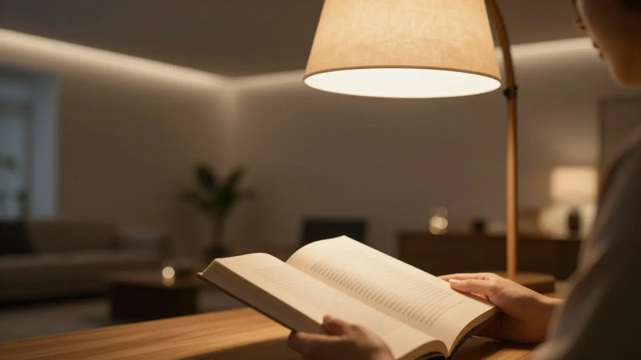 Detail čtecí lampy jako pracovního světla v tmavém, útulném interiéru.
