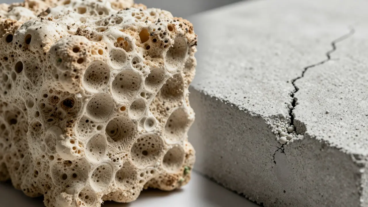 Detail myceliové izolace a samoléčivého biobetonu