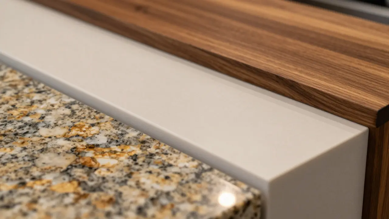 Detailní pohled na různé materiály desek kuchyňských ostrůvků