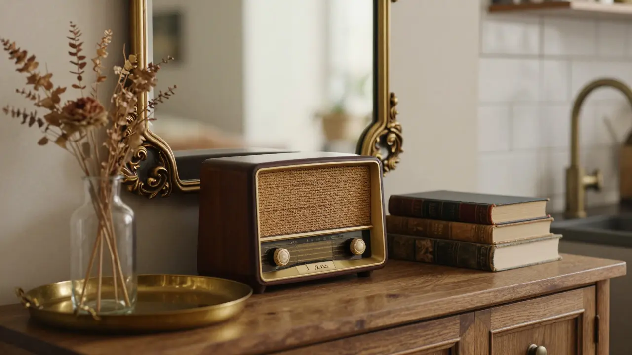 Detaily vintage doplňků: zrcadlo, rádio a váza na dřevěném stole