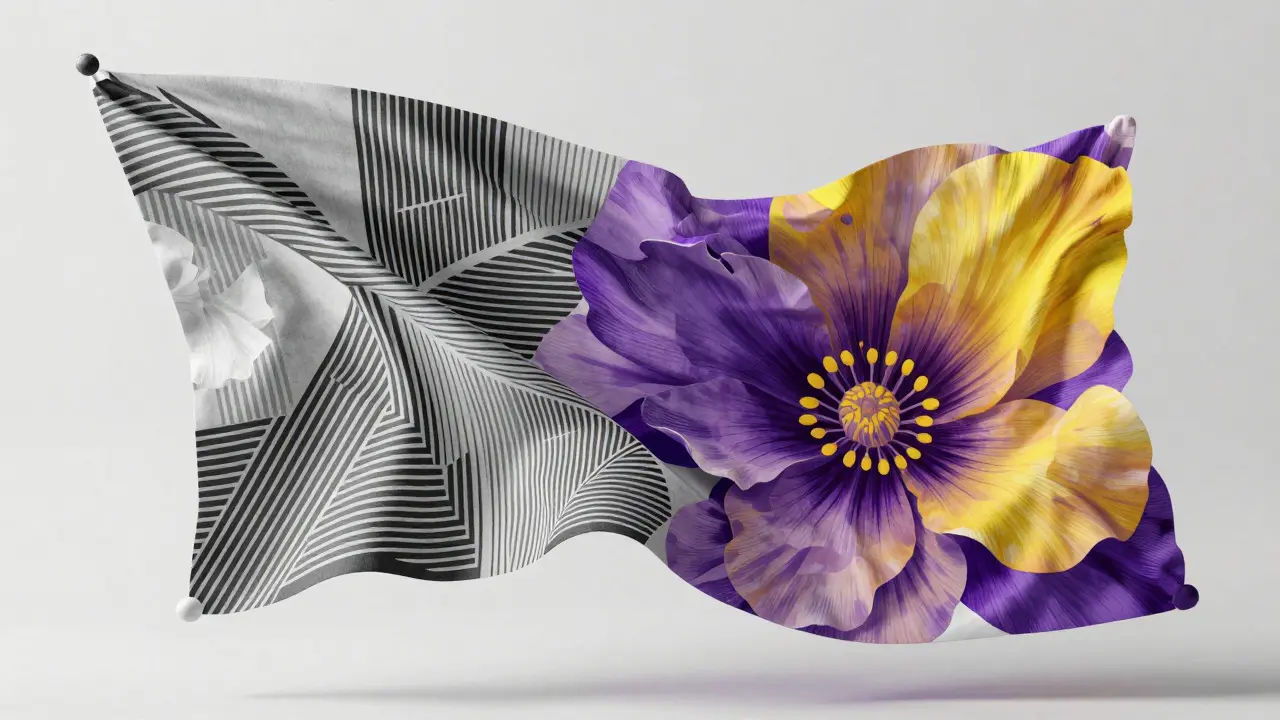 Hybridní látka spojující geometrické linie se stylizovanými květy